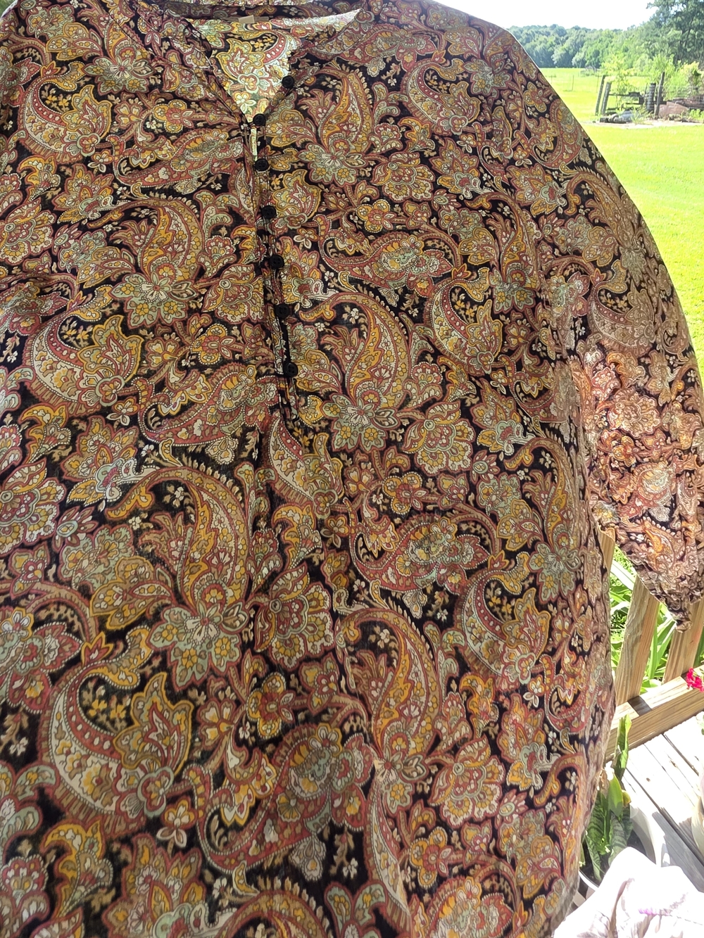 Talbots Paisley Button-Front Blouse in Black, Gold and Brown